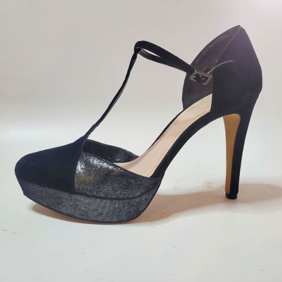 Vince Camuto Akido Leather Platform T-Strap Heels Gunmetal and Black Suede - Picture 1 of 16